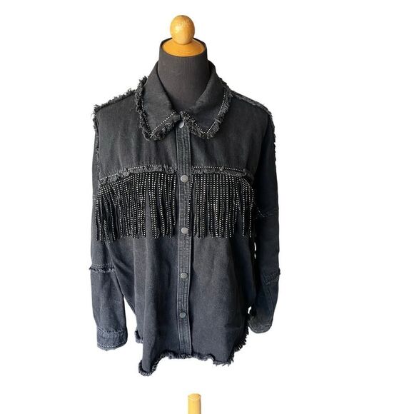 ZARA BLACK DENIM STUDDED FRINGE JACKET SIZE MEDIUM - Picture 1 of 8